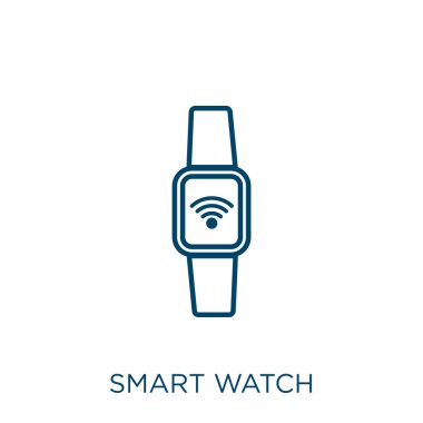 Akıllı saat simgesi. Beyaz arkaplanda izole edilmiş ince doğrusal akıllı saat ana hatları simgesi. Satır vektörü akıllı saat işareti, ağ ve mobil sembolü
