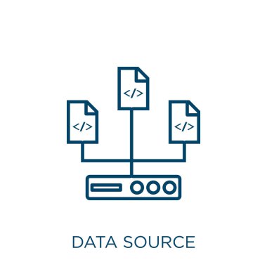 veri kaynağı simgesi. Beyaz arkaplanda izole edilmiş ince doğrusal veri kaynağı ana hatları simgesi. Satır vektör veri kaynağı işareti, ağ ve mobil için sembol