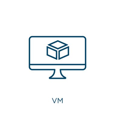VM simgesi. Beyaz arkaplanda izole edilmiş ince doğrusal vm outline simgesi. Çizgi vektör vm işareti, ağ ve mobil sembolü