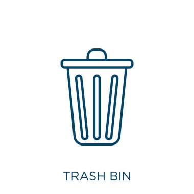 Çöp kutusu simgesi. Beyaz arkaplanda izole edilmiş ince doğrusal çöp kutusu ana hatları simgesi. Satır vektör çöp kutusu işareti, ağ ve mobil sembolü