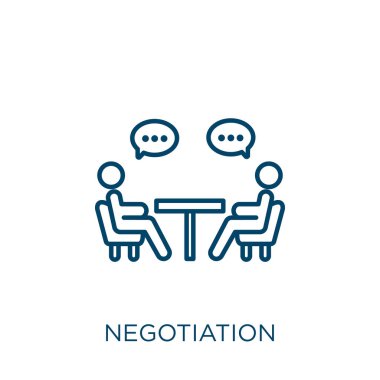 Pazarlık ikonu. Beyaz arkaplanda izole edilmiş ince doğrusal müzakere ana hatları simgesi. Satır vektör müzakere işareti, ağ ve mobil sembolü
