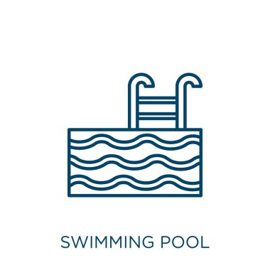 Yüzme havuzu ikonu. Beyaz arka planda izole edilmiş ince doğrusal yüzme havuzu ana hatları ikonu. Çizgi vektör yüzme havuzu işareti, ağ ve mobil sembolü