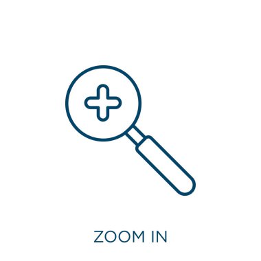 ikona yakınlaştır. Çizgi simgesindeki ince çizgisel yakınlaştırma beyaz arkaplanda izole edildi. Çizgi vektör yakınlaştırması işareti, ağ ve mobil sembolü