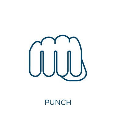 Yumruk ikonu. Beyaz arkaplanda izole edilmiş ince çizgi ana hatları simgesi. Çizgi vektör punç işareti, ağ ve mobil sembolü