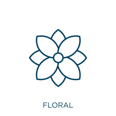 Çiçek ikonu. Beyaz arkaplanda izole edilmiş ince doğrusal çiçek çizgisi ikonu. Çizgi vektör çiçek işareti, ağ ve mobil sembolü