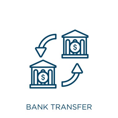 Banka havale ikonu. İnce doğrusal banka aktarım ana hatları simgesi beyaz arkaplanda izole edildi. Hat vektör bankası transfer işareti, ağ ve mobil sembolü