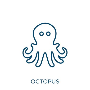 Ahtapot ikonu. Beyaz zemin üzerinde izole edilmiş ince doğrusal ahtapot taslak simgesi. Çizgi vektör ahtapot işareti, ağ ve mobil sembolü