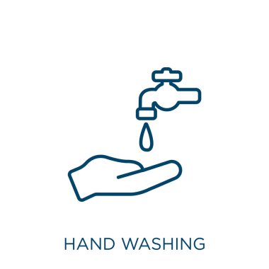 El yıkama ikonu. Beyaz arkaplanda izole edilmiş ince doğrusal yıkama çizgisi simgesi. Çizgi vektör el yıkama işareti, ağ ve mobil sembolü