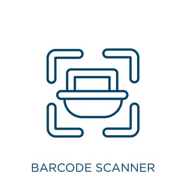 barkod tarayıcı simgesi. Beyaz arkaplanda izole edilmiş ince doğrusal barkod tarayıcı ana hatları simgesi. Satır vektörü barkod tarayıcı işareti, ağ ve mobil için sembol
