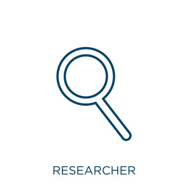 Araştırmacı ikonu. İnce doğrusal araştırmacı ana hatları simgesi beyaz arkaplanda izole edildi. Çizgi vektör araştırmacısı işareti, ağ ve mobil sembolü