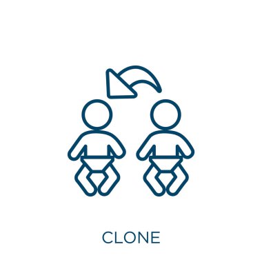klon simgesi. Beyaz arkaplanda izole edilmiş ince doğrusal klon ana hatları simgesi. Çizgi vektör klon işareti, ağ ve mobil simgesi