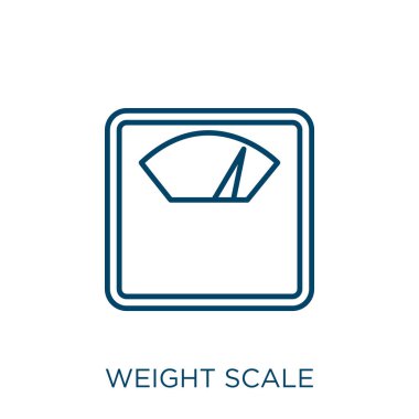 ağırlık ölçeği simgesi. Beyaz arkaplanda izole edilmiş ince doğrusal ağırlık taslak simgesi. Çizgi vektör ağırlığı işareti, ağ ve mobil için sembol