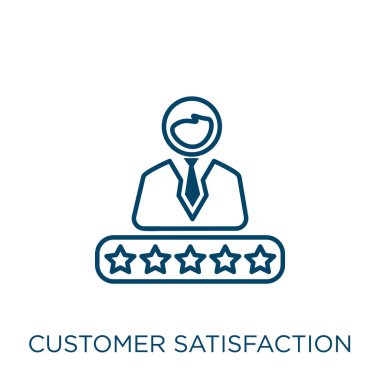 Müşteri memnuniyeti ikonu. Beyaz zemin üzerinde izole edilmiş ince doğrusal müşteri memnuniyeti ana hatları simgesi. Satır vektörü müşteri memnuniyeti işareti, ağ ve mobil sembolü