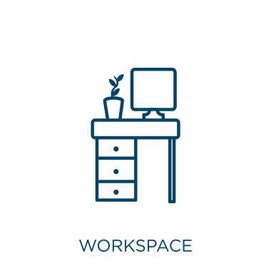 çalışma alanı simgesi. Beyaz arkaplanda izole edilmiş ince doğrusal çalışma alanı ana hatları simgesi. Çizgi vektör çalışma alanı işareti, ağ ve mobil simgesi