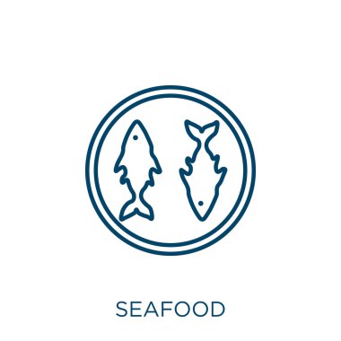 Deniz ürünleri ikonu. Beyaz zemin üzerinde izole edilmiş ince doğrusal deniz ürünleri taslak ikonu. Hat vektör deniz ürünleri işareti, ağ ve mobil sembolü