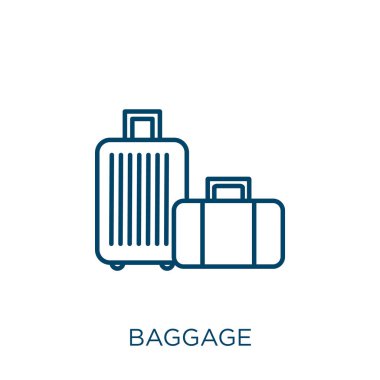 Yük ikonu. Beyaz arkaplanda izole edilmiş ince doğrusal bagaj ana hatları simgesi. Satır vektör bagaj işareti, ağ ve mobil sembolü