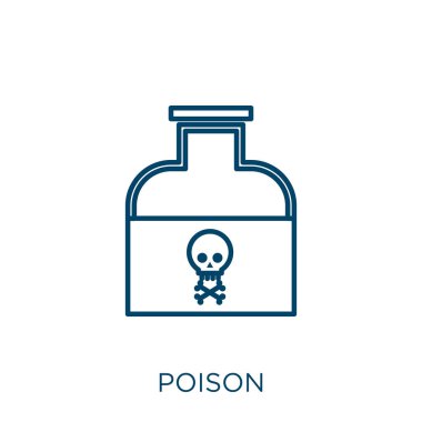 Zehirli ikon. Beyaz arkaplanda izole edilmiş ince doğrusal zehir ana hatları simgesi. Çizgi vektör zehri işareti, ağ ve mobil sembolü