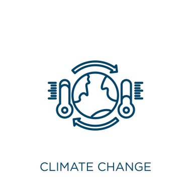 İklim değişikliği simgesi. Beyaz arkaplanda izole edilmiş ince doğrusal iklim değişikliği ana hatları simgesi. Çizgi vektör iklim değişikliği işareti, ağ ve mobil sembolü