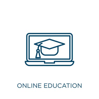 Online eğitim ikonu. Beyaz arka planda izole edilmiş ince doğrusal çevrimiçi eğitim ana hatları simgesi. Satır vektörü çevrimiçi eğitim işareti, web ve mobil sembolü