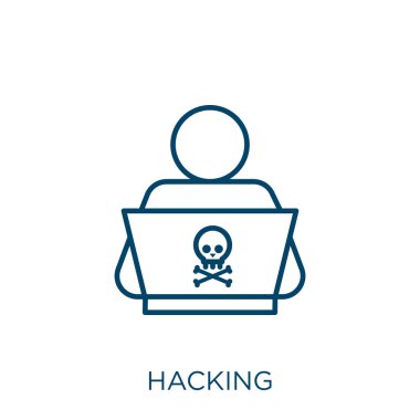 Hackleme simgesi. Beyaz arkaplanda izole edilmiş ince doğrusal hack ana hatları simgesi. Çizgi vektör hack işareti, ağ ve mobil sembolü