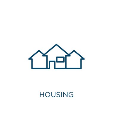 konut simgesi. Beyaz arkaplanda izole edilmiş ince doğrusal konut ana hatları simgesi. Çizgi vektör konut işareti, ağ ve mobil sembolü