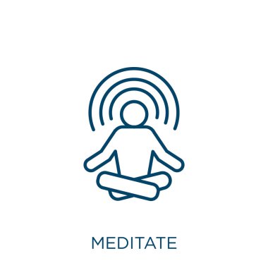 İkona meditasyon yap. Beyaz arkaplanda izole edilmiş ince doğrusal meditasyon dış hat simgesi. Satır vektörü meditasyon işareti, ağ ve mobil sembolü