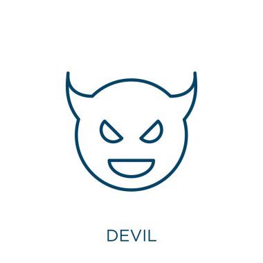 Şeytan ikonu. Beyaz arkaplanda izole edilmiş ince doğrusal şeytan ana hatları simgesi. Çizgi vektör şeytan işareti, ağ ve mobil sembolü