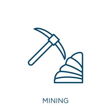 Madencilik ikonu. Beyaz arkaplanda izole edilmiş ince doğrusal madencilik ana hatları simgesi. Çizgi vektör madencilik işareti, ağ ve mobil sembolü