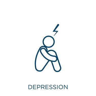 Depresyon ikonu. Beyaz arkaplanda izole edilmiş ince doğrusal depresyon ana hatları simgesi. Çizgi vektör depresyonu işareti, ağ ve mobil sembolü