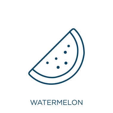 Karpuz ikonu. Beyaz arkaplanda izole edilmiş ince çizgisel karpuz ana hatları simgesi. Çizgi vektör karpuz işareti, ağ ve mobil sembolü