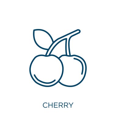 Kiraz ikonu. Beyaz arkaplanda izole edilmiş ince vişne çizgisi simgesi. Çizgi vektör kiraz işareti, ağ ve mobil sembolü
