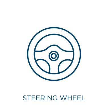 Direksiyon ikonu. Beyaz zemin üzerinde izole edilmiş ince doğrusal direksiyon dış hat ikonu. Çizgi vektör direksiyon işareti, ağ ve mobil sembolü