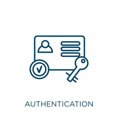 kimlik doğrulama simgesi. Beyaz arkaplanda izole edilmiş ince doğrusal kimlik doğrulama ana hatları simgesi. Satır vektör kimlik doğrulama işareti, ağ ve mobil için sembol