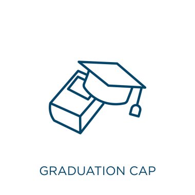 Mezuniyet şapkası ikonu. İnce doğrusal mezuniyet şapkası ana hatları beyaz arkaplanda izole edilmiş. Satır vektörü mezuniyet başlığı işareti, ağ ve mobil sembolü