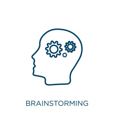 Beyin fırtınası ikonu. Beyaz arkaplanda izole edilmiş ince doğrusal beyin fırtınası taslak simgesi. Çizgi vektörü beyin fırtınası işareti, ağ ve mobil sembolü