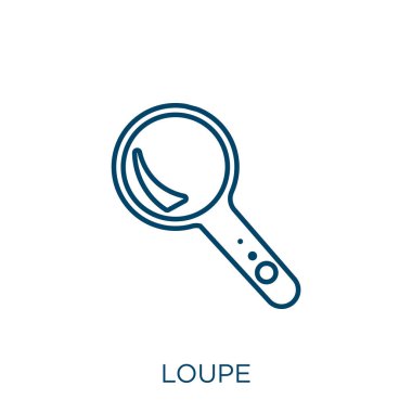 Loupe ikonu. Beyaz arkaplanda ince doğrusal loupe dış hat simgesi izole edildi. Hat vektörü loupe işareti, ağ ve mobil sembolü