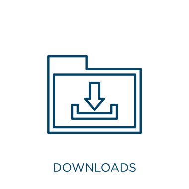 İndirme simgesi. İnce doğrusal indirmeler beyaz arkaplanda izole edilmiş ana hat simgesi. Satır vektörü indirme işareti, ağ ve mobil sembolü