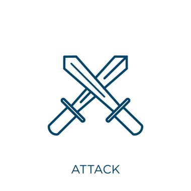 Saldırı ikonu. Beyaz arka planda izole edilmiş ince doğrusal saldırı ana hatları simgesi. Çizgi vektör saldırı işareti, ağ ve mobil sembolü