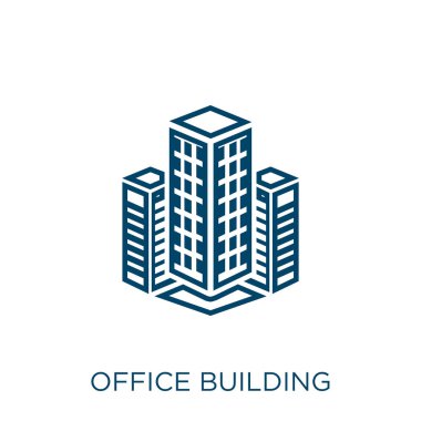Ofis binası ikonu. İnce doğrusal ofis binası ana hatları simgesi beyaz arkaplanda izole edildi. Satır vektör bürosu oluşturma işareti, ağ ve mobil sembolü