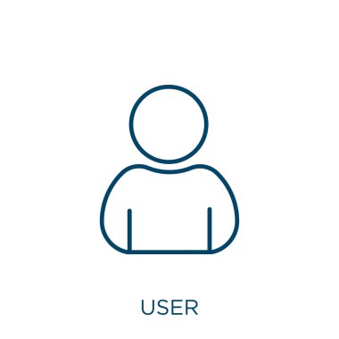 kullanıcı simgesi. Beyaz arkaplanda izole edilmiş ince doğrusal kullanıcı ana hatları simgesi. Satır vektör işareti, ağ ve mobil için sembol