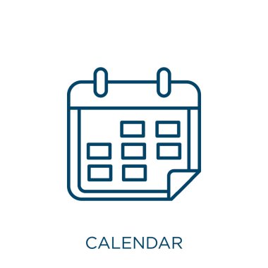 Takvim simgesi. Beyaz arkaplanda izole edilmiş ince doğrusal takvim ana hatları simgesi. Çizgi vektör takvimi işareti, ağ ve mobil için sembol