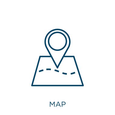 Harita simgesi. Beyaz arkaplanda izole edilmiş ince doğrusal harita ana hatları simgesi. Çizgi vektör haritası işareti, ağ ve mobil sembolü