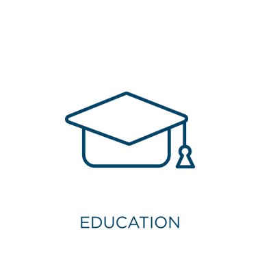 Eğitim ikonu. Beyaz arkaplanda izole edilmiş ince doğrusal eğitim ana hatları simgesi. Çizgi vektör eğitim işareti, ağ ve mobil sembolü