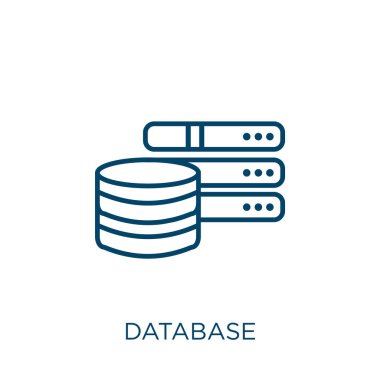 veritabanı simgesi. İnce doğrusal veritabanı ana hatları simgesi beyaz arkaplanda izole edildi. Satır vektör veritabanı işareti, ağ ve mobil sembolü