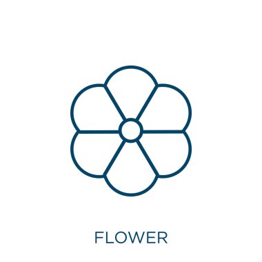 Çiçek ikonu. Beyaz arkaplanda izole edilmiş ince doğrusal çiçek ana hatları simgesi. Çizgi vektör işareti, ağ ve mobil sembolü