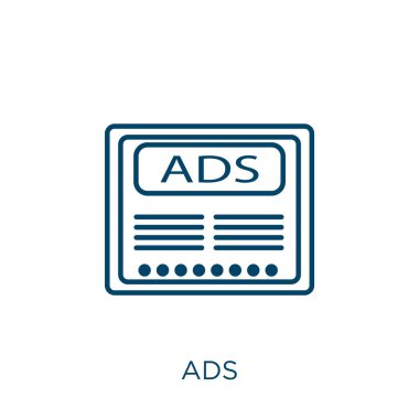 Reklam simgesi. Beyaz arkaplanda izole edilmiş ince doğrusal reklam ana hatları simgesi. Çizgi vektör reklamları işareti, ağ ve mobil sembolü