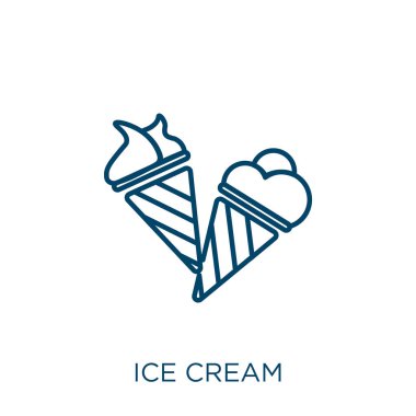 Dondurma ikonu. Beyaz arkaplanda izole edilmiş ince doğrusal dondurma ana hatları simgesi. Çizgi vektör dondurma işareti, ağ ve mobil sembolü