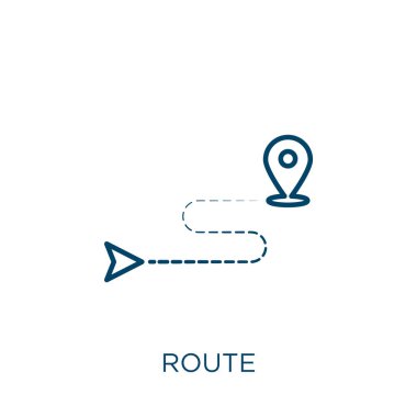 rota simgesi. Beyaz arkaplanda izole edilmiş ince doğrusal hat ana hatları simgesi. Çizgi vektör yolu işareti, ağ ve mobil sembolü