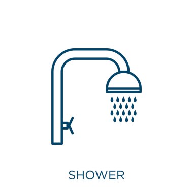 Duş ikonu. Beyaz zemin üzerinde izole edilmiş ince duş ana hatları simgesi. Çizgi vektör duşu işareti, ağ ve mobil sembolü