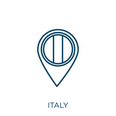 İtalya ikonu. Beyaz arkaplanda izole edilmiş ince doğrusal italy outline simgesi. Satır vektör italy işareti, ağ ve mobil sembolü